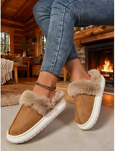  Γυναικείες παντόφλες εσωτερικού χώρου από τεχνητή γούνα - ζεστά slip-on παπούτσια με βελούδινη επένδυση, άνετα χειμωνιάτικα παπούτσια για χαλάρωση