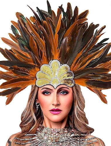  Karneval 2026 Rio Karneval Samba Tilbehør Brun Oransje Fjær Hodeplagg Damer - Gull Pailett Showjente Hodepryd - Mardi Gras Tilbehør Brasil Festival Fremføring Kostyme