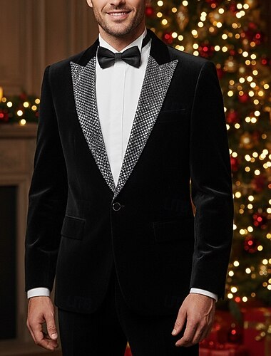  De los hombres Ropa de fiesta de noche Fiesta de baile Trajes Solapa de Muesca Negro Navidad Moda Retazos Estándar Juego de 2 piezas Recto 1 botón
