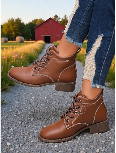 Bruine enkellaarsjes met imitatieleren vetersluiting voor dames – klassieke korte laarzen in combatstijl met contrasterende stiksels voor herfstwandelingen en dagelijks gebruik