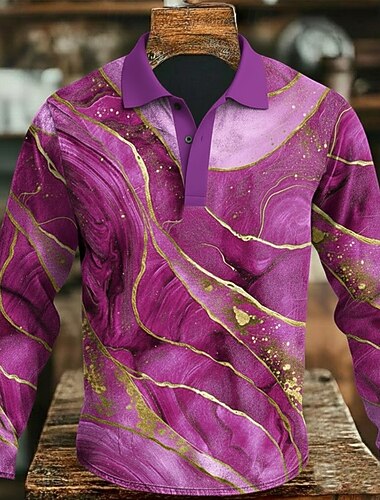  Herre Abstrakt Geometrisk Polo Langermet Poloskjorter Knaphul Fritid utendørs Gate treningsklær Dagligdagstøy 3D-utskrift Knapper Vår Høst Vinter Blå Lilla Grønn