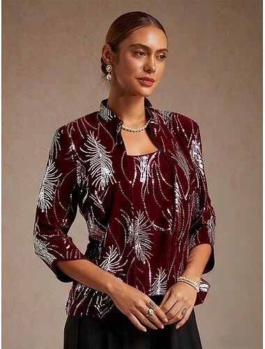  γυναικεία μπλούζα twinset κομψά τοπ σακάκι με πούλιες φτερά κομψό μανίκι 3/4 μήκος γιακάς μανταρίνι κανονικές μπλούζες βραδινό γάμου καλεσμένου πάρτι πούλιες κρασί άνοιξη φθινόπωρο χειμώνας