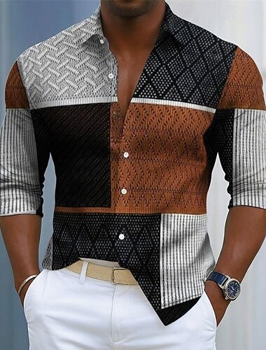  Herren Farbblock Hemd Freizeithemd Knopfhemd Langarm Hawaiianisch Lässig Strand Täglich Outdoor Straße Frühling Herbst Hemdkragen Knopf hoch Drucken Schwarz Braun
