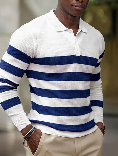  Homens Geométrico Tiras Horizontais Camisas Polo Waffle Manga Longa Camisas polo Camisas de colarinho Casual Roupa Diária Botões Primavera Outono Inverno Azul Vermelho Verde