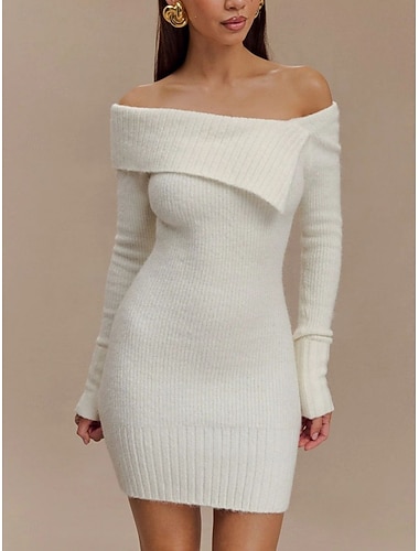  Dámské Svetr Svetrové šaty Na běžné nošení Měkké Čistá barva Rýhovaný Pod rameny Pletený Dlouhý rukáv Dlouhé topy Plést Venkovní Denní Víkend Bílá Podzim Zima