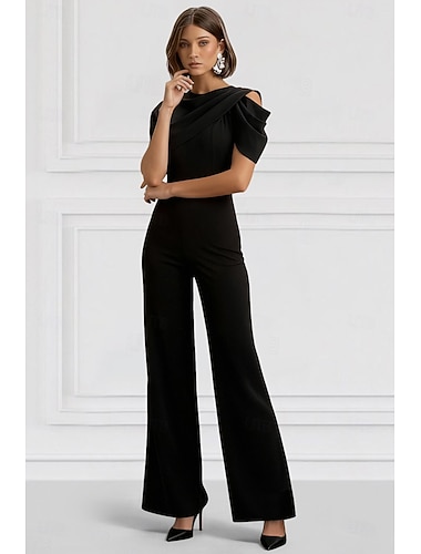  Jumpsuit / Pantsuit Gulvlengde Kjole til brudens mor Kortermet Crew-hals Elegant Enkel Formell Bryllupsgjest Familiefest Stretchstoff med Ensfarget