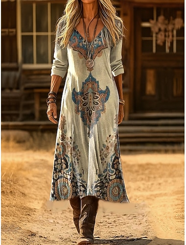  Damen Midi Kleid Boho Etuikleid Urlaub Party Lässig Täglich Date Ausgehen Reguläre Passform Grafik Paisley Langarm V-Ausschnitt Rot Hellbraun Grün Herbst Winter