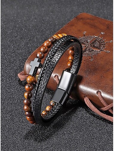 Men's Magnetic Clasp Bracelet – Natural Stone & Faux Leather Design, Stylish and Durable, Perfect for Casual and Everyday Wear.