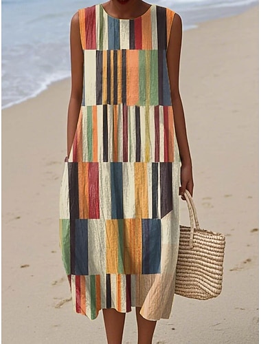  Dames Midi Jurk Linnenachtige Zomerjurk Shift Jurk A-lijn Jurk Vakantie Casual Boho Uitgaan Strand Losse Pasvorm Grafisch Geometrisch Mouwloos Ronde Hals Roze Rood Lichtbruin Groen Zomer Lente