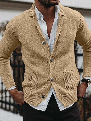  Herr Tröja Cardigan Tröja Ribbad Sticka Vanliga toppar Knappen uppåt Stickat Slät Vik-över krage Semester Mode Ledigt Dagliga kläder Kläder Vår & Höst Svart Khaki grön M L XL