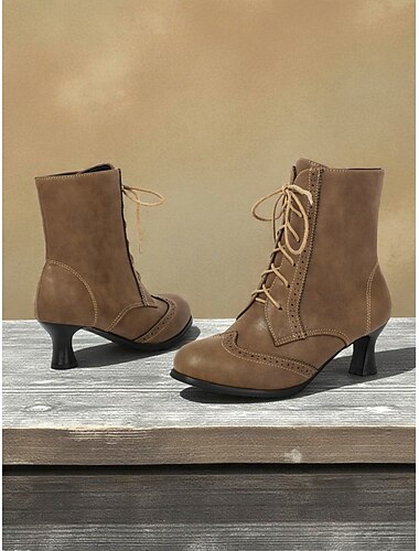  Braune Schnürstiefeletten aus Kunstleder für Damen – Vintage-Brogue-Design der 1920er-Jahre mit klassischem Blockabsatz, perfekt fürs Büro, Freizeit und die Herbstmode.