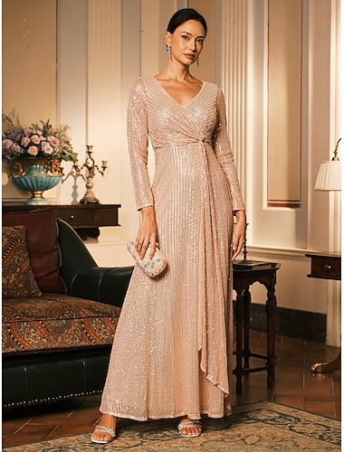  שמלת מקסי לנשים שמלת A-קו שמלת נצנצים עד הריצפה נצנצים נוצצים אלגנטית מסיבת חתונה מסיבת ערב גזרה רגילה צבע אחיד שרוולים ארוכים צווארון V שמפניה סתיו חורף