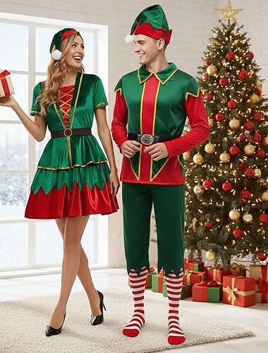  Elfo Abito di Natale fantasia Costumi da Babbo Natale Per uomo Per donna Costume Cosplay Costume di coppia Adulti Natale Capodanno Feste Costume
