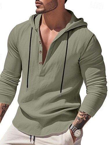  Per uomo Camicia Camicia popover Camicia Estiva Camicia casual Camicia da Spiaggia Nero Bianco Giallo Blu marino Kaki Manica Lunga Tinta unica Con Cappuccio Vacanza Casuale Coulisse Abbigliamento