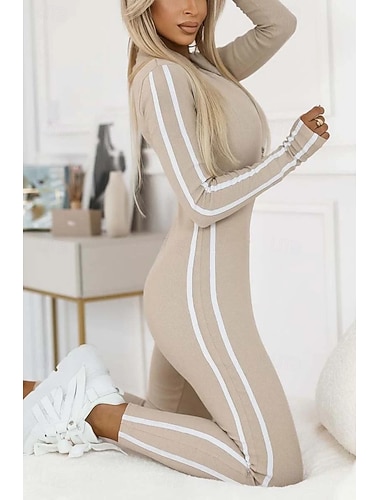  Dámské Běžný Kombinéza Aktivní Proužky Dlouhý rukáv Kulatý Vysoký pas Tisk Dovolená Denní Štíhlý Černá Béžová Šedá Jaro