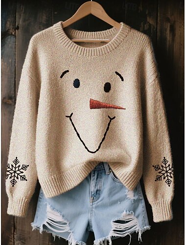  Kerstmis Dames Sneeuwman Sweater Pullover Schattig Dagelijkse Casual Grafisch Geribbelde Crew Neck Gehaakt Print Lange Mouw Reguliere Tops Gebreid Buiten Weekend Wit Herfst Winter