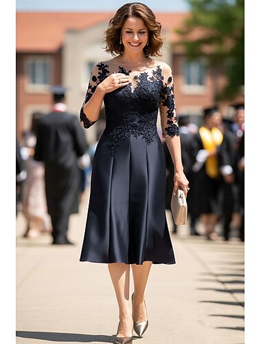  A-Linie Ke kolenům Šaty na párty Koktejlky Šaty pro svatební hosty Šaty pro matku nevěsty 3/4 délka rukávu Loď na krk Vinobraní Vidět skrz Svatební host Satén Krajka s Knoflíky Aplikace