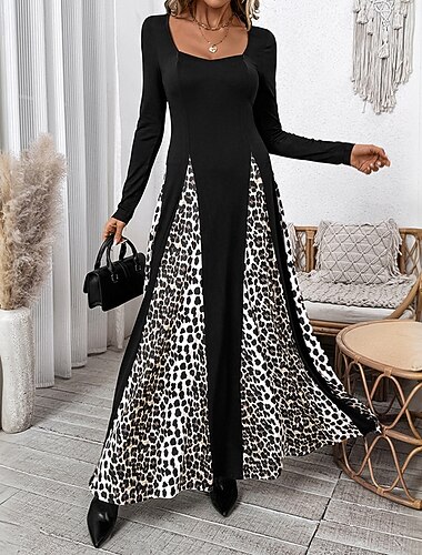 Γυναικεία Μακρύ Φόρεμα Μάξι Φόρεμα Μαύρο φόρεμα Καθημερινό φόρεμα Κομψό Μοντέρνα Διακοπές Καθημερινά Εξόδου Κανονικό Λεοπάρ Μακρυμάνικο Τετράγωνη Λαιμόκοψη Μαύρο Άνοιξη Φθινόπωρο Χειμώνας