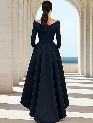  A-linje Gulvlengde Cocktail Kjole 3/4 ermer Løse skuldre Elegant Årgang Fest Polyester Kjole til brudens mor med Plissert