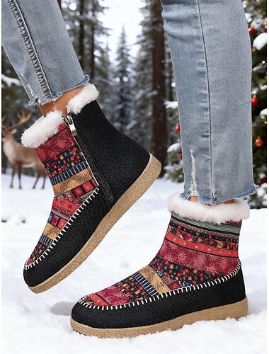  Damskie, ciepłe botki w etnicznym wzorze – kolorowe, zimowe buty w stylu boho, wyściełane polarem i zapinane na zamek błyskawiczny z boku, wygodne obuwie outdoorowe na podróże i wakacje