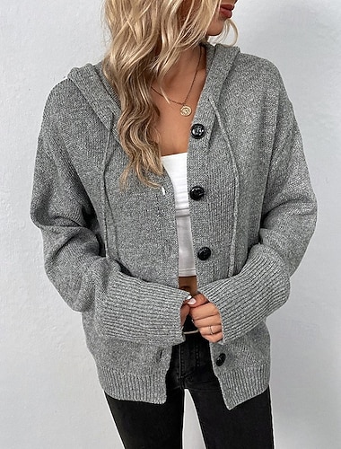  Damen Pullover Strickjacke Streetwear Lässig Einfarbig Mit Kapuze Knöpfe Gestrickt Langarm Normale Oberteile Stricken Täglich Ferien Ausgehen Schwarz Weiß Herbst Winter