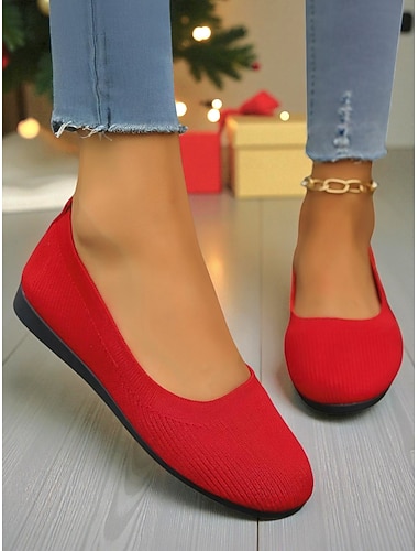  Bailarinas rojas sin cordones de punto Flyknit para mujer: cómodas y elegantes, perfectas para las fiestas navideñas, salidas informales y compras navideñas.