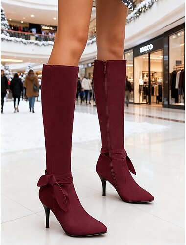  レディース バーガンディ スエード リボンディテール オーバーニーブーツ – スタイリッシュでエレガント、パーティー、フォーマル、冬の行事に最適