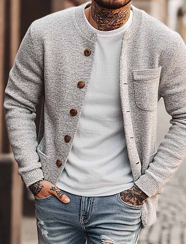  בגדי ריקוד גברים סוודר סוודר קרדיגן מצולע לִסְרוֹג חולצות רגילות סרוג אחיד צווארון עגול חופשה אופנתי קזו'אל לבוש יומיומי ביגוד סתיו חורף אפור S M L