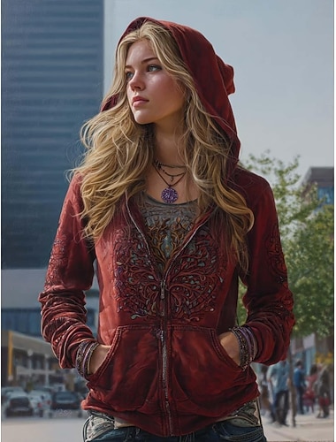  女性用 ジップアップパーカー フラワー グラフィック チェック ファッション 西洋料理 レトロ風 長袖 フード付き レギュラートップス ストリート 日常着 ジッパー ポケット プリント イエロー ルビーレッド パープル グリーン 春 秋 冬