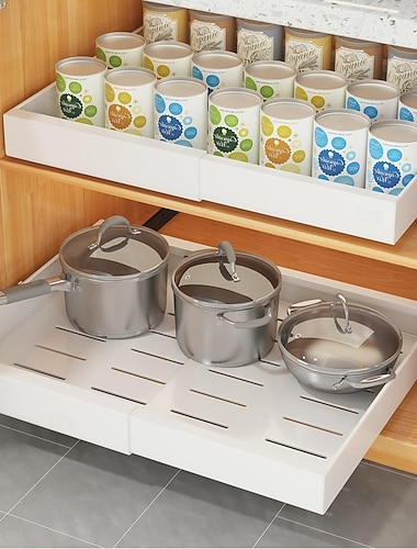  1 Stück ausziehbarer Schrankorganizer, erweiterbar, verschiebbar, für Vorratsschränke, Aufbewahrung ohne Bohren, für Küchenunterschränke, Vorratskammer, Badezimmer, verstellbare Breite 12,4" bis 20,4"