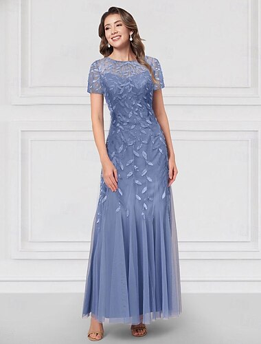  A-linje Kjoler Ankellengde Festkjole Cocktail Kjole Kortermet V-hals Elegant Årgang Formell Tyll Kjole til brudens mor med Broderi Blomst