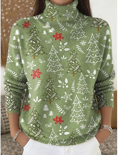  Жен. Вязаная ткань Винтаж На каждый день Мягкий Графика Животное Новогодняя ёлка Рельефный узор Хомут Трикотаж С принтом Длинный рукав Обычные топы Вязать на открытом воздухе Повседневные выходные