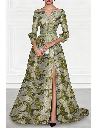  Kukka brokaatti A-linjainen iltapuku elegantti virallinen mekko virallisiin häihin lattian pituinen 3/4 hihan mittainen V-kaula-avauksella nailonia kanssa nauhalla halkiolla