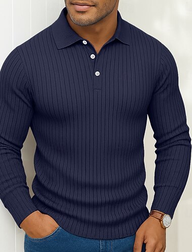  בגדי ריקוד גברים טופ סריג צלעות מרקם רחוב קזו'אל דש שרוול ארוך בסיסי מודרני אחיד כפתורים אביב סתיו סתיו חורף גזרה צרה לבן כחול כחול נייבי אפור טופ סריג צלעות