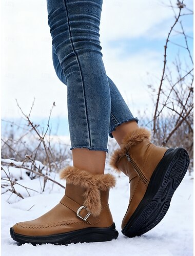  Γυναικεία καφέ μποτάκια με τελείωμα από τεχνητή γούνα και αγκράφα – ζεστά χειμωνιάτικα κοντά μποτάκια με πλαϊνό φερμουάρ για χαλαρές καθημερινές βόλτες και μετακινήσεις