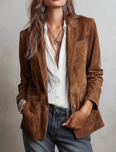  Dame Vinterjakke Fløyelsblazere Hold Varm Bekvem Lapper Lomme Knapper Årgang Mote Fritid Helfarge Feriereise Gate Avslappet Dagligdagstøy Normal Aftæpning Normal Langermet Yttertøy Brun kaffe Høst