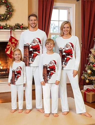  Olhar de família Natal Pijama de Natal para a Família Pijamas Conjuntos de família Gráfico Papai Noel Presentes de Natal Imprimir Branco Manga Longa Diário Roupas Combinando