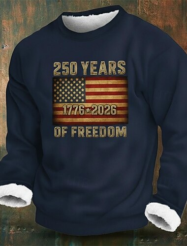  Herren Grafik Amerikanische US-Flagge Fleece Pullover Streetwear Täglich Stilvoll Klassisch Lässig Rundhalsausschnitt Outdoor Urlaub Ausgehen Schwarz Rote Marineblau Braun Drucken Herbst Winter
