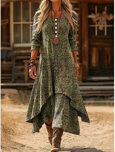  女性用 ミディドレス シフトドレス 旅行度假风 カジュアル ボヘミアン 日常 祝日 レギュラー フラワー グラフィック 長袖 クルーネック ルビーレッド グリーン 秋 冬