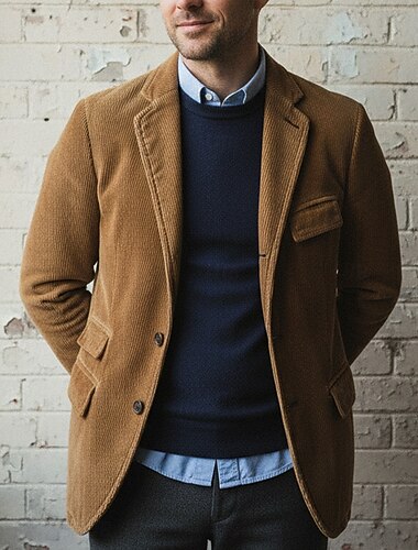 Herren Cordjacke Notch-Kragen Mode Retro Einfarbig Linie Blazer Braun Figurbetonter Schnitt Einreiher mit drei Knöpfen