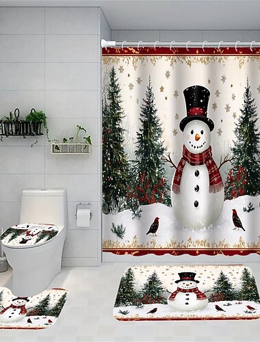  Ensemble de douche quatre pièces comprenant un siège de toilette antidérapant et robuste, et un tapis de sol de salle de bain – motif bonhomme de neige et sapin de Noël, en polyester imperméable avec