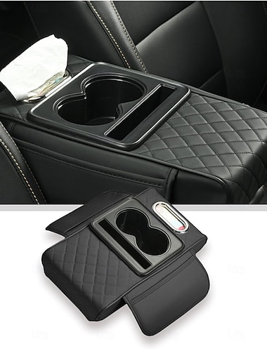  Luxuriöse, multifunktionale Aufbewahrungsbox für die Auto-Armlehne, Taschentuchbox mit Rautenmuster, Getränkehalter, Handyfach, integriertes Staufach, universelle 4-in-1-Lösung, Taschentuchbox für die