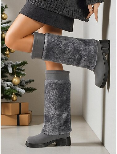  Brune knehøye støvletter i fuskepels til dame – pelsstøvletter med tykke hæler, koselig vintermotesko til daglig bruk