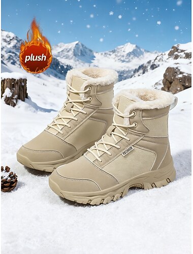  ふわふわのフリース裏地付きカーキ色のレディース冬用ハイキングブーツ。滑り止め付きのレースアップスノーシューズ。アウトドアのトレッキング、ウォーキング、極寒の天候に最適です。