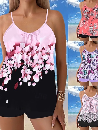  Damen Badeanzug Zweiteilig Shorts Bademode Rückenfrei Urlaub Strandbekleidung Blumen Grafik U-Ausschnitt Ärmellos Badeanzüge