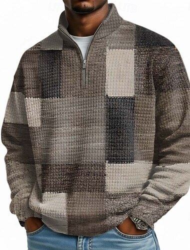  Herren Geometrisch Karomuster Waffel Pullover Mode Täglich Klassisch Lässig Stehkragen Viertelreißverschluss Outdoor Heim Büro Arbeit Blau Purpur Braun Grün Reißverschluss Herbst Winter Designer S M