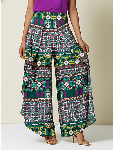  מכנסיים רחבים עם הדפס פרחוני גיאומטרי סאטן לחופשה קז'ואל