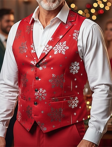  Муж. Жилет Рождество Отпуск Для вечеринок Рождество Мода Весна Осень Карман Пуговицы Полиэстер Удобный В снежинку Однобортный с 1 пуговицей Лацкан Стандартный Красный Зеленый Жилет