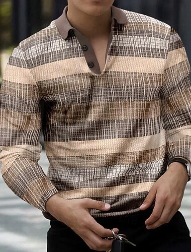  Miesten Väripalikka Geometrinen Vohveli poolopaidat Pitkähihainen Poolopaidat Kauluspaidat Business Casual liiketoiminta Käytä töihin Arki-asut Napit Kevät Syksy Talvi Sininen Ruskea