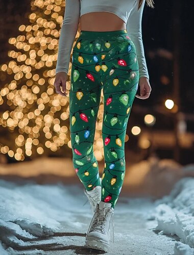  Mulheres Leggings Férias Vintage Moda Comprimento total Cintura AltaPantsNatal Gráfico Natal Estampado Térmico / Quente Macio Respirável Com Stretch Formal Ao ar livre Férias Verde Claro Vermelho
